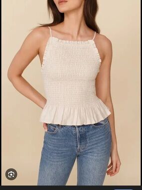Reformation Oswald Smocked Ruffle Hem Linen Cami